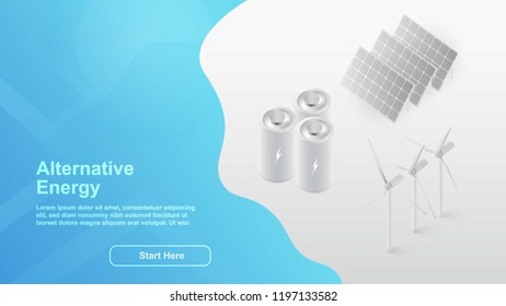 Alternative energy. Solar, wind power. Web page concept for your design. 3d isometric concept landing page