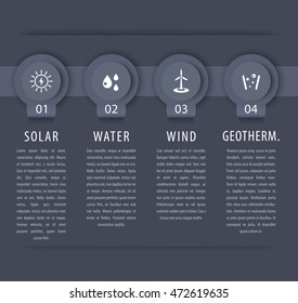Alternative energy solutions with solar, wind energetics infographic elements, gray timeline