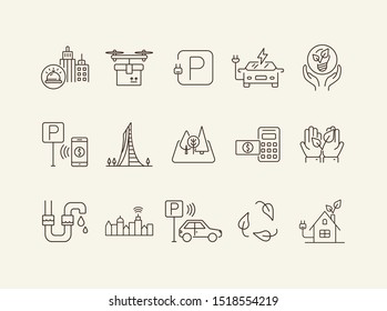 Alternative energy source icons. Set of line icons. Electrical car, plant in hands, water tube. Alternative energy concept. Vector illustration can be used for topics like environment, ecology