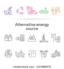 Alternative energy source icons. Set of line icons. Electrical car, plant in hands, water tube. Alternative energy concept. Vector illustration can be used for topics like environment, ecology