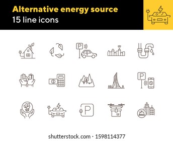 Alternative energy source icons. Set of line icons. Electrical car, plant in hands, water tube. Alternative energy concept. Vector illustration can be used for topics like environment, ecology