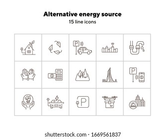 Alternative energy source icons. Set of line icons. Electrical car, plant in hands, water tube. Alternative energy concept. Vector illustration can be used for topics like environment, ecology