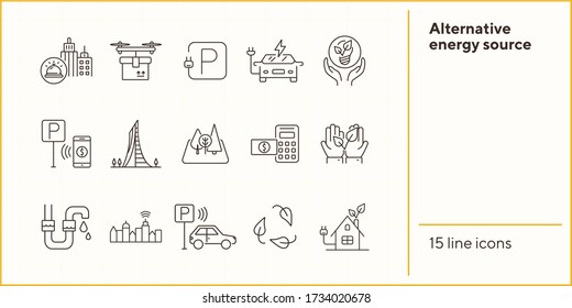 Alternative energy source icons. Set of line icons. Electrical car, plant in hands, water tube. Alternative energy concept. Vector illustration can be used for topics like environment, ecology