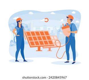 Alternative energy source with solar panels, solar panel power and Engineer character. Green and environmentally friendly energy. flat vector modern illustration