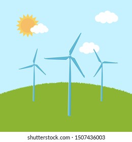 Alternative energy source, wind turbines on the grass. Background. Vector illustration in flat style.