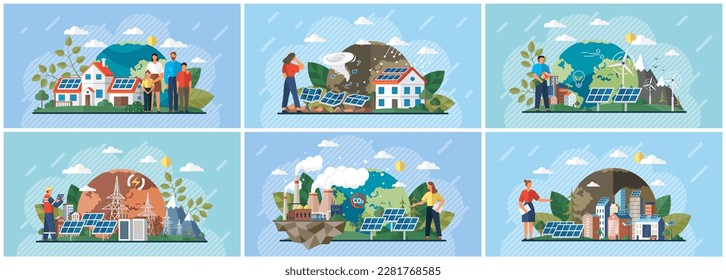 Alternative energy sources battery energy storage network with house office factory buildings, solar panel plant, wind and li-ion electricity. Green energy eco friendly traditional and modern house
