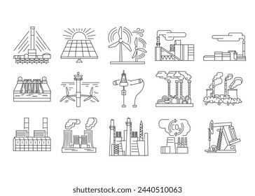 Symbole für Farblinien alternativer Energiequellen. Vektor-isoliertes Element. Bearbeitbarer Strich.