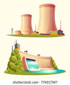 Alternative energy sources, concept of environmental protection, set of vector cartoon illustrations isolated on white background. Hydroelectric power plant with dam and nuclear power station
