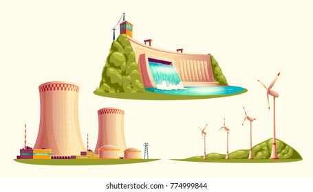 Alternative energy sources, concept of environmental protection, set of vector cartoon isolated on white background. Hydroelectric power plant with dam, wind turbines and nuclear power station