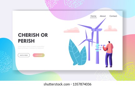 Alternative Energy Sources Concept with Wind Turbines and Worker Character Landing Page. Environment Power Technology Renewable Energy Website, Web Page Banner. Vector flat illustration