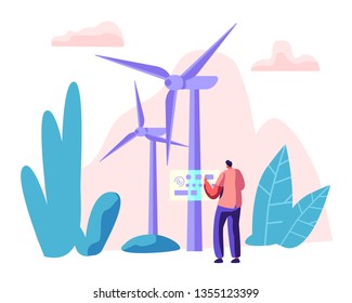 Alternative Energy Sources Concept with Wint Turbines and Worker Character. Environment Power Technology Renewable Energy. Vector flat illustration