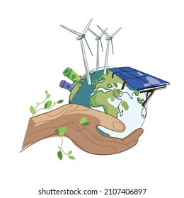 Alternative energy sources concept.Planet Earth in human hands with Wind turbines and Solar panels,hand drawing isolated on white background.Vector illustration,Renewable green energy.Save the planet