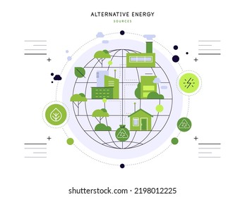 Alternative energy sources and eco friendly living. Ecosystem. Globe with infrastructure objects. Infographic scheme. Modern flat illustration with place for text. Vector file.