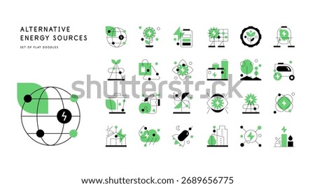 Alternative energy sources and ecology. Set of doodles. Flat graphics. Vector file.