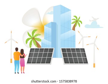 Alternative energy sources flat vector illustration. Sustainable energetics. Solar panels and wind turbines. Environmentally friendly. Indonesian business. Isolated cartoon concept on white background
