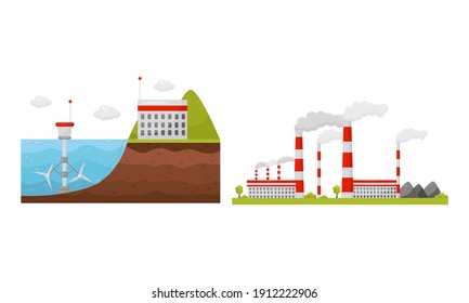 Alternative Energy Sources with Hydroelectric Power Station and Waste Treatment Plant Vector Set