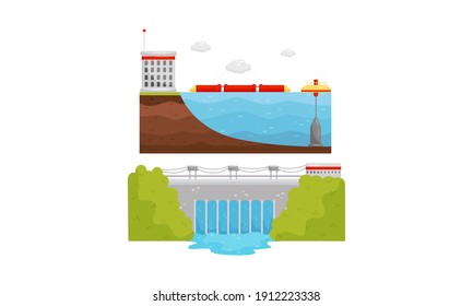 Alternative Energy Sources with Hydroelectric Power Station Vector Set