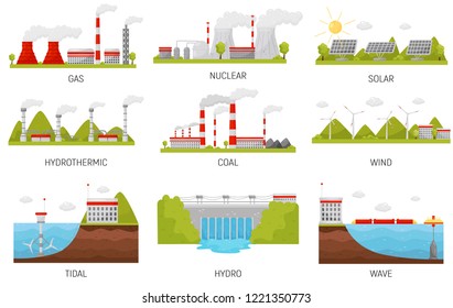 Alternative energy sources. Hydroelectric, wind, nuclear, solar and thermal power plants. Flat vector design