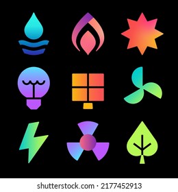 Alternative energy sources icon set. Renewable energy conceptual bright iridescent signs.