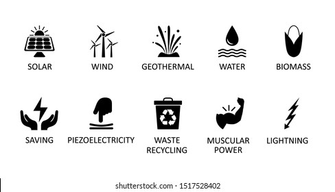 Alternative energy sources icons. Renewable energy sign, nature power symbols – stock vector