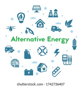 Alternative energy sources icons set on white background. Camping, hiking and swimming vector pictograms.