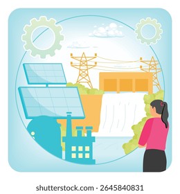 Fontes de energia alternativas como painéis solares, usinas hidrelétricas e linhas de transmissão de energia numa perspectiva futurista. Energia sustentável.