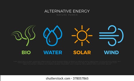 Alternative energy sources logo. Templates for renewable energy or ecology logos. Nature power symbols. Simple icons of alternative energy sources. Four elements icons. Pictograph.