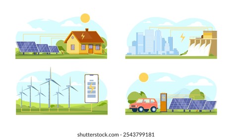 Cenas de fontes alternativas de energia. Geração de energia solar, eólica e hídrica. Tecnologias ecológicas. Produção de eletricidade renovável e sustentável. Elétrico