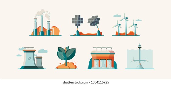 Alternative energy sources set. Geothermal, Solar, Wind, Nuclear,  Biomass power plant, Hydro, Wave-tidal stations. Sustainable, Renewable energy sources. Ecology-friendly concept. Vector illustration