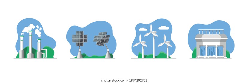 Alternative energy sources set. Geothermal, Solar, Wind, Hydro stations. Sustainable, Renewable energy sources. Ecology-friendly, Go green, Save the Earth concept. Vector illustration