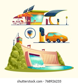 Alternative energy sources, set of vector cartoon illustrations isolated on white background. Cafe with solar panels, electric car is charging at charging station, hydroelectric power plant with dam