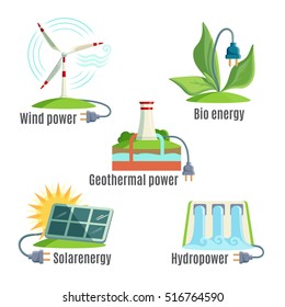 Alternative energy sources set. Wind. Geothermal power. Bio energy. Solar energy. Hydropower. Illustrations of windmills, plants, sun battery, water, thermal sources with plug Vector illustration