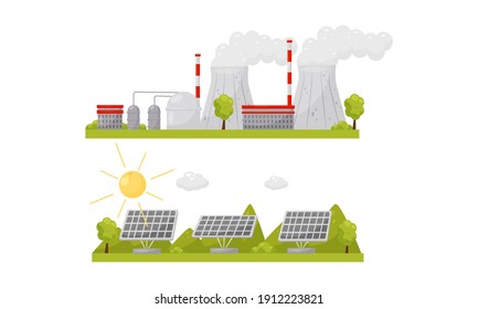 Alternative Energy Sources with Solar Panel and Waste Treatment Plant Vector Set