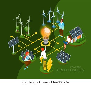 Alternative energy sources: solar panels, windmills. Characters who discuss energy problems. isometric 3d