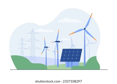 Alternative energy sources vector illustration. Improvement of solar power panels, wind turbines, hydroelectric dams for combating climate change. Renewable energy, sustainability, ecology concept