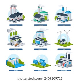 Alternative energy sources vector illustration. Flat style energy generation source types coal, biomass, gas, waste, nuclear, wind, hydro, solar, geothermal stations. Renewable energy icon set.