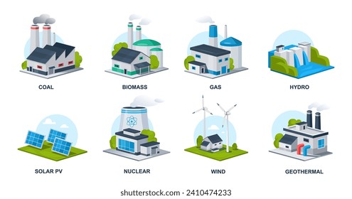 Alternative energy sources vector illustration. Flat style energy generation source types coal, biomass, gas, waste, nuclear, wind, hydro, solar, geothermal stations. Renewable energy icon set.