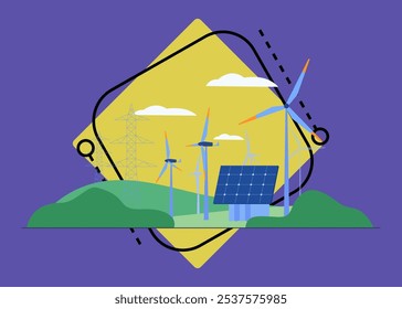 Ilustración vectorial de fuentes de energía alternativas. Mejoramiento de paneles de energía solar, turbinas eólicas, represas hidroeléctricas para combatir el cambio climático. Energía renovable, sostenibilidad, concepto de ecología