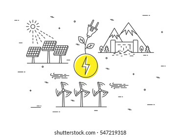 Alternative energy sources vector illustration. Wind electricity, air turbine, solar panel, sun electric station, hydro electrostation elements.
