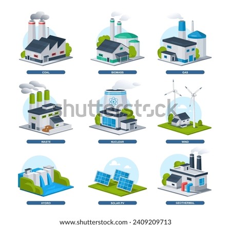 Alternative energy sources vector illustration. Flat style energy generation source types coal, biomass, gas, waste, nuclear, wind, hydro, solar, geothermal stations. Renewable energy icon set.