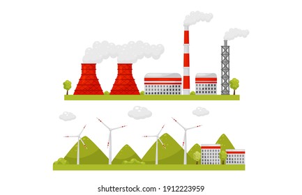 Alternative Energy Sources with Wind Generator and Waste Treatment Plant Vector Set
