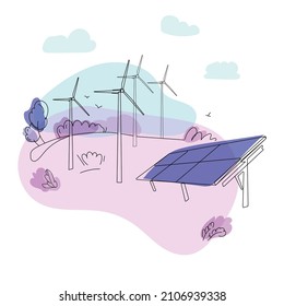 Alternative energy sources. Wind turbines and solar panels in the field, sketch style. Outline vector illustration. Eco concept