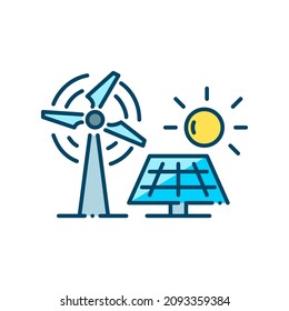 Alternative energy sources. Windmill and solar panel. Sustainable renewable power. Pixel perfect, editable stroke colorful icon