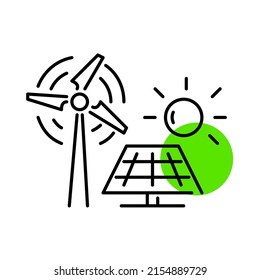 Alternative energy sources. Windmill and solar panel. Sustainable renewable power. Pixel perfect, editable stroke line art icon