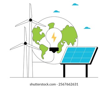 Alternative energy such as solar power plants and wind power are environmentally friendly energies that are safe for long-term use, green energy vector illustration.