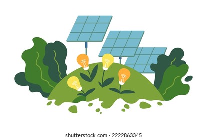 Alternative energy of sun, solar panels and light bulbs accumulating power. Small plant, renewable natural source. Environmental and bio care, eco friendly ways of production. Vector in flat style