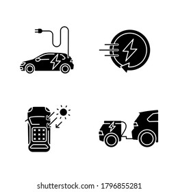 Alternative energy transport black glyph icons set on white space. EV fast charge technology, range extender and solar car silhouette symbols. Electric battery vehicles. Vector isolated illustrations