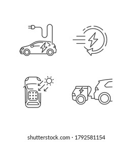 Conjunto de iconos lineales de transporte de energía alternativa. EV tecnología de carga rápida, extensor de rango y símbolos de contorno de línea delgada personalizables de coche solar. Ilustraciones aisladas del contorno vectorial. Trazo editable