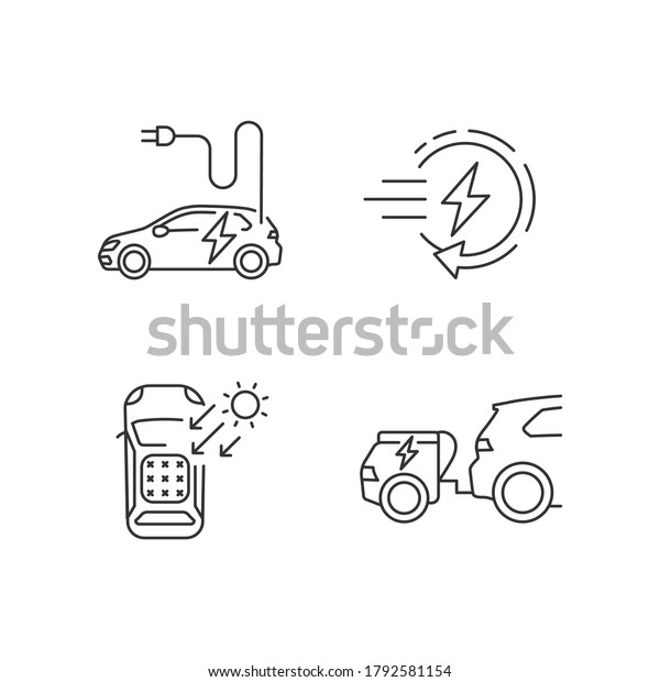 Alternative energy transport linear icons set. EV\
fast charge technology, range extender and solar car customizable\
thin line contour symbols. Isolated vector outline illustrations.\
Editable stroke