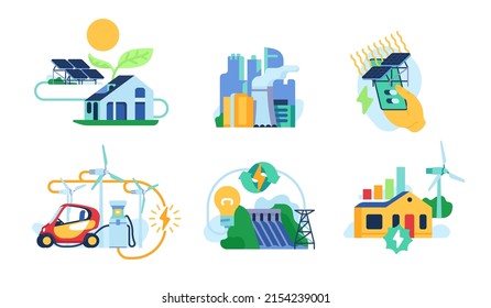 Alternative energy types. Different power sources. Solar, water and wind energy. Electricity production. Electric generation factory. Eco technology. Vector renewable